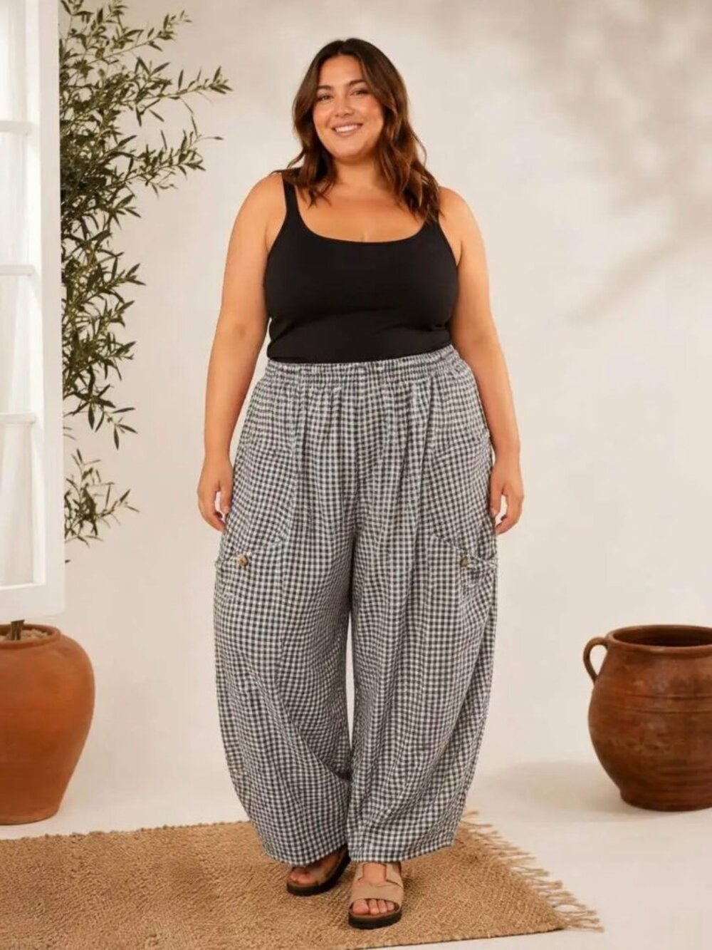 Made in Italy Viscose Gingham Barrel Pants - Chocolate - Fits up to Size 2X